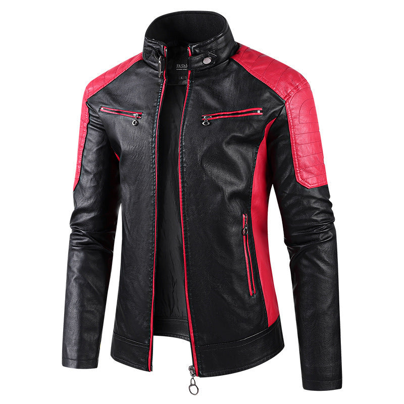 Men’s Stand Collar Color Block Casual Leather Jacket
