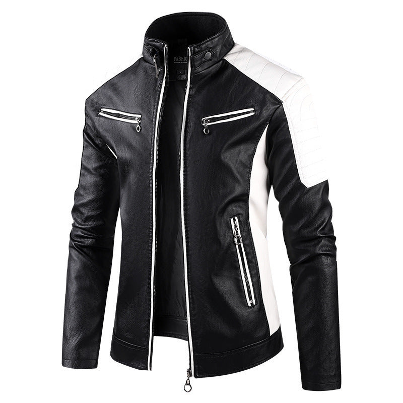 Men’s Stand Collar Color Block Casual Leather Jacket