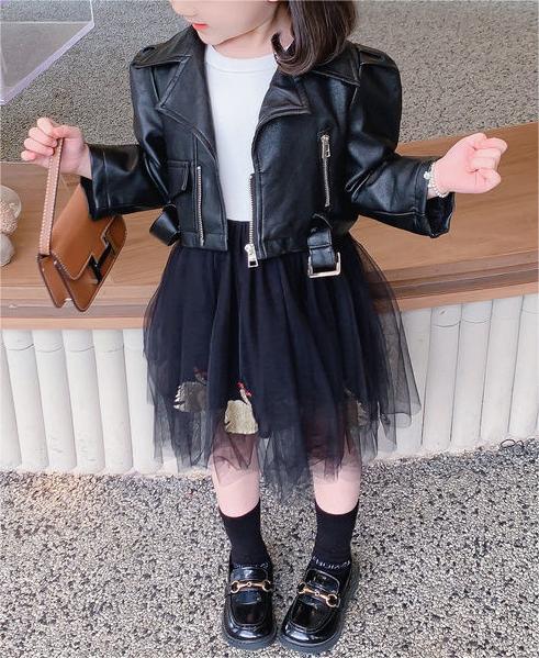 Girls Trendy Leather Jacket Dress Set