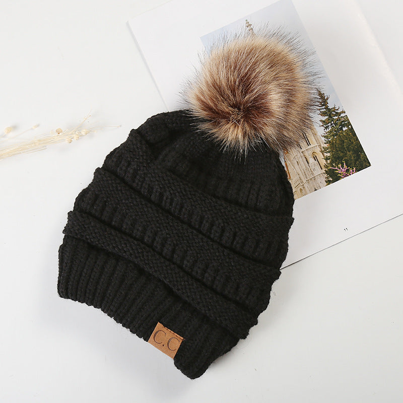 Ponytail Knitted Wool Hat With Pom Accent