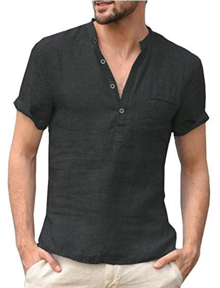 Minimalist Cotton Linen Stand Collar Buckle Short Sleeve Shirt