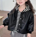 Stylish Striped Hooded PU Leather Jacket for Kids