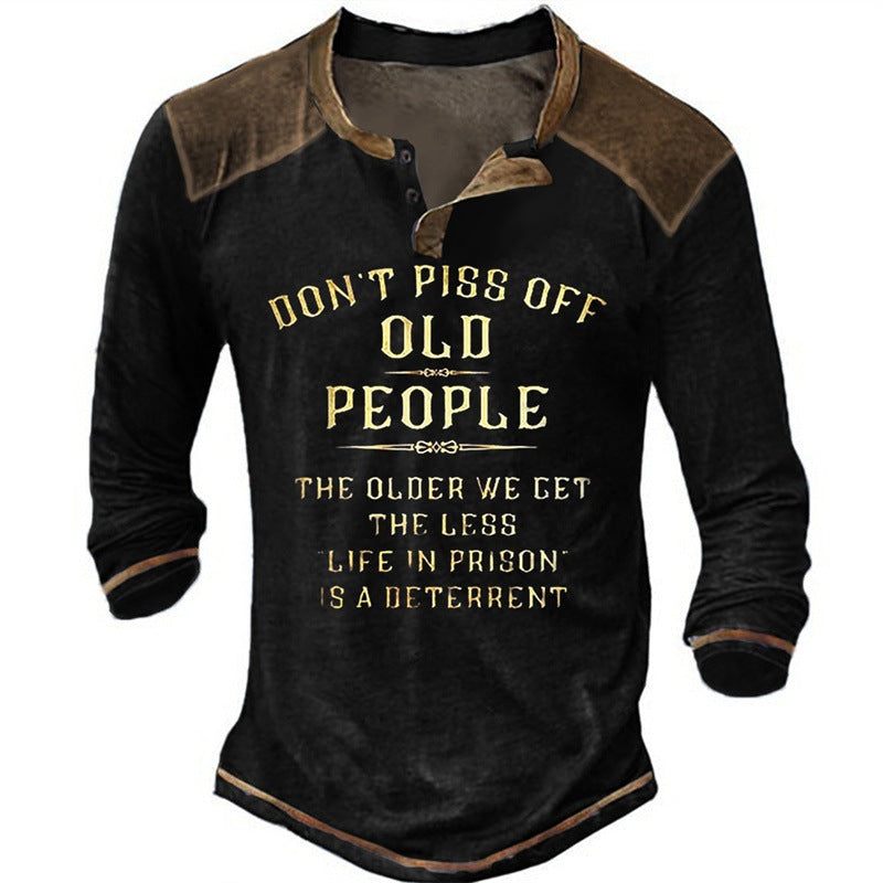 Men’s Retro Henley Graphic Long-Sleeve T-Shirt