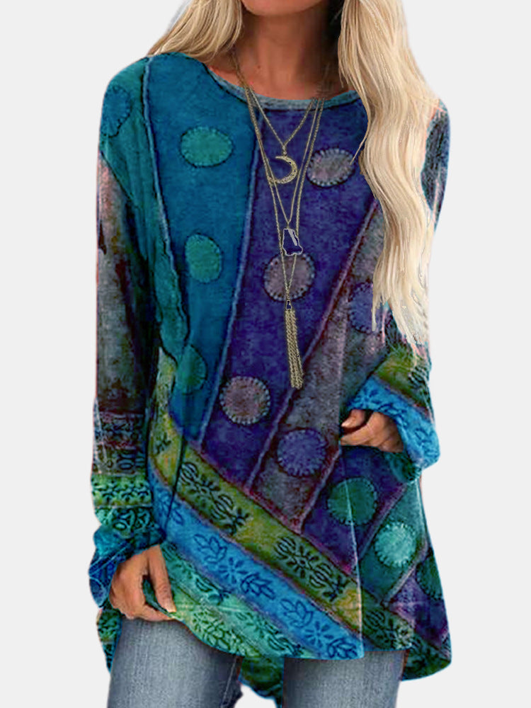 Retro Printed Round Neck Long Sleeve T Shirt