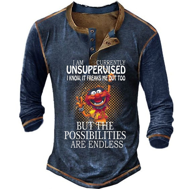 Men’s Cartoon Graphic Henley Casual T-Shirt