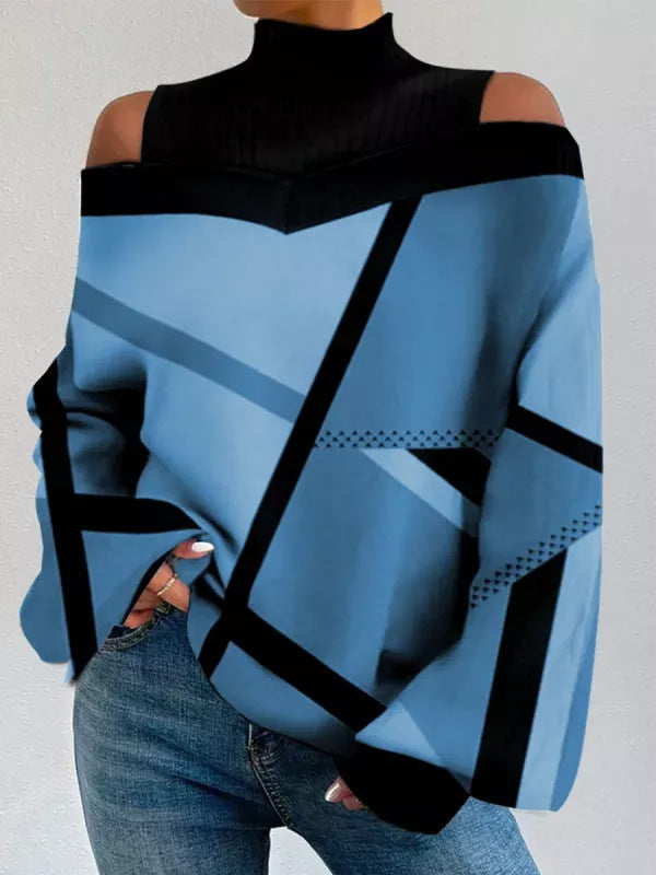 High Collar Open Shoulder Geometric Print Loose T Shirt