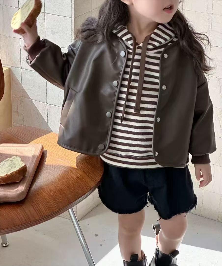 Stylish Striped Hooded PU Leather Jacket for Kids