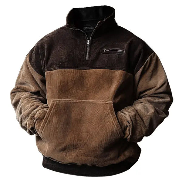 Retro Corduroy Stitch Pocket Men’s Quarter Zip Sweatshirt