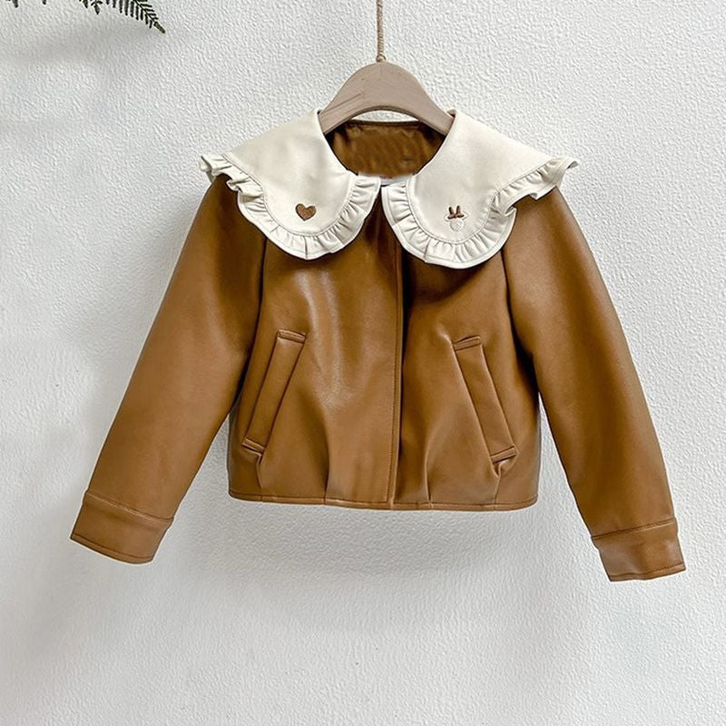 Girls’ Fashion Doll-Collar PU Leather Jacket