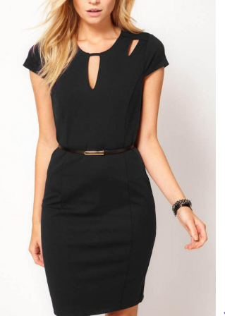 Women Slim Keyhole Neck Solid Black Dress