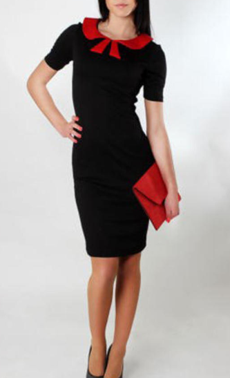 Women Slim Casual Peter Pan Collar Dress Red Black