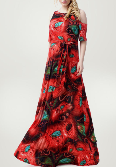 Women Plus Size Round Neck Maxi Dress Red
