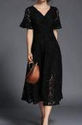 Women V-Neck Short Sleeve Soft Lace Long Skirt Dress