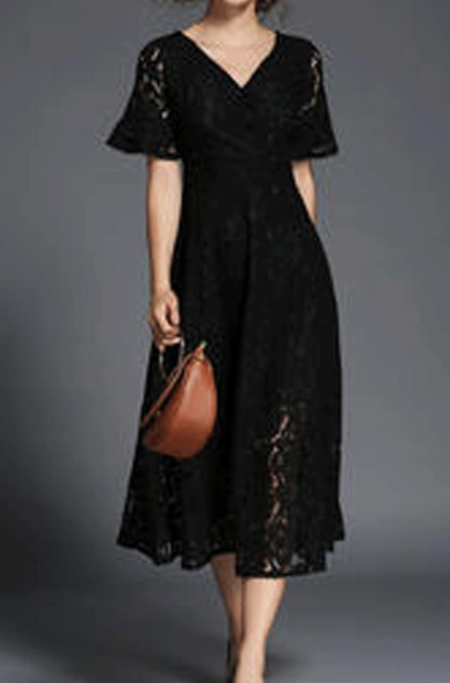 Women V-Neck Short Sleeve Soft Lace Long Skirt Dress