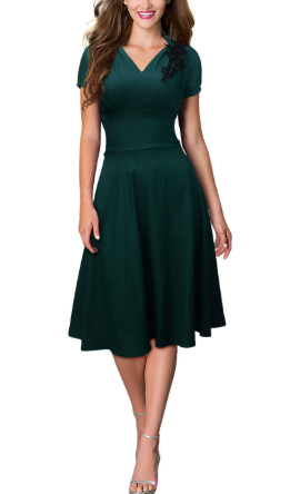 Women V Neck Short Sleeve High Waisted Dress with Large Hem