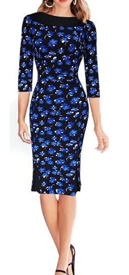 Women Classic Blue Orchids Printed Bodycon Dress