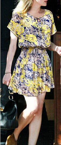 Women Retro Printed Pleated Waist Dress