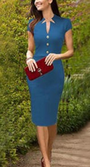 Women Elegant Pencil Skirt Style Dress Blue