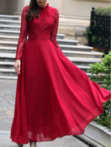 Chiffon Lace Sleeve Maxi Evening Dress