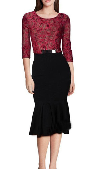 Women Contrast Color Mermaid Skirt Lace Up Dress