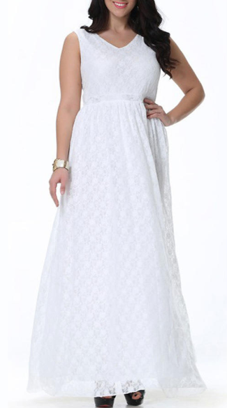 Women Plus Size Sleeveless V-Neck Pleated Long Wedding Dress White