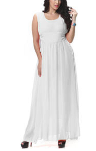 Round Neck Pleated Long Gown White