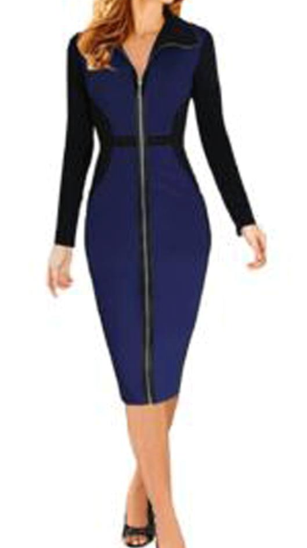 Women Long Sleeve Collar Zipper Bodycon Dress