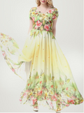 Women Flower Blossom Short Sleeve Maxi Dress