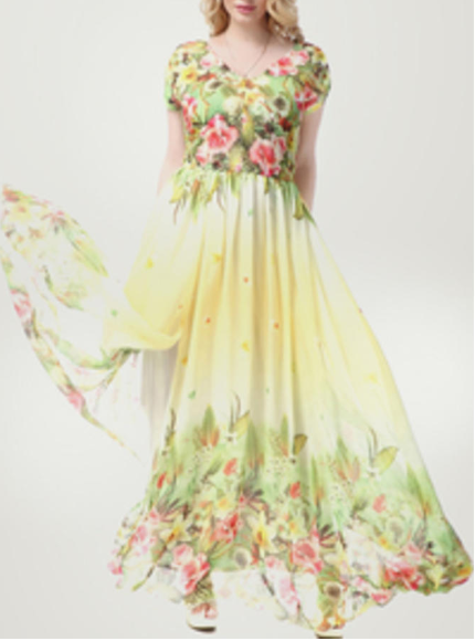 Women Flower Blossom Short Sleeve Maxi Dress