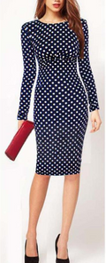 Women Long Sleeve Polka Dot Fitted Dress
