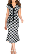 Women Slim V-Neck Collar Plaid Dress with Button Detail Black