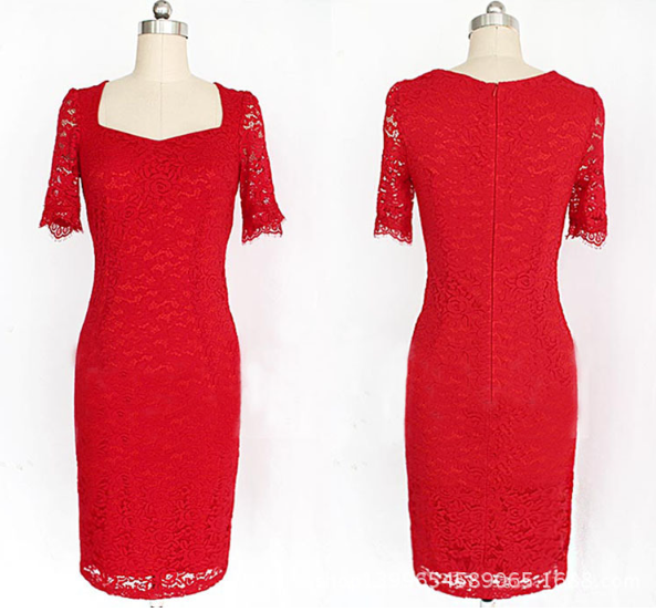 Square Collar Lace Slim Pencil Dress