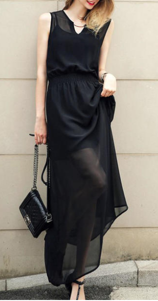 Sleeveless Chiffon Long Party Dress Black