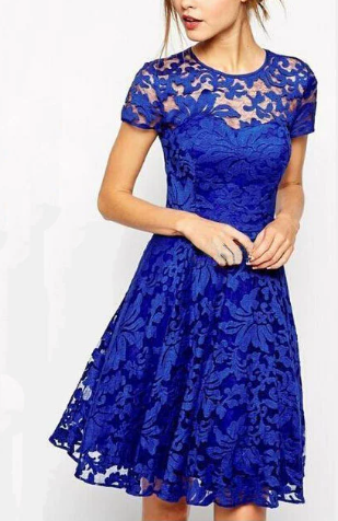 Women Graceful Round Neck Short Sleeve Lace Dress