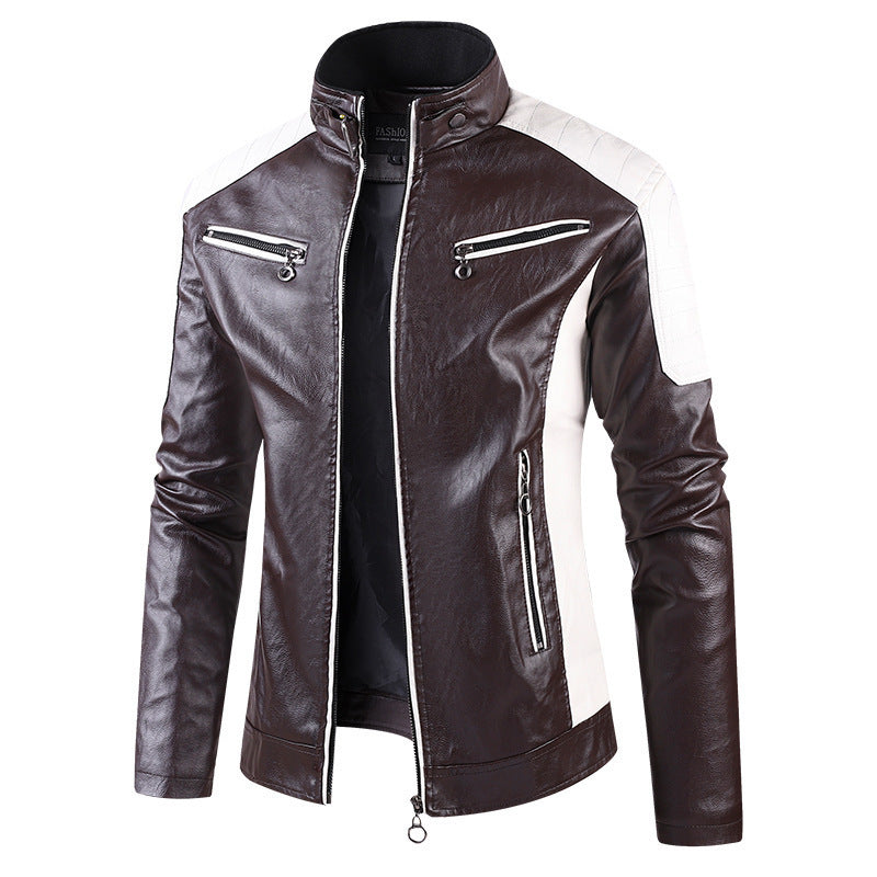 Men’s Stand Collar Color Block Casual Leather Jacket