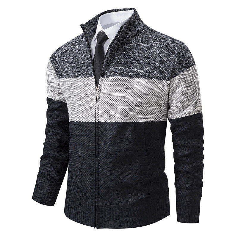 Men’s Color-Blocked Stand Collar Knit Cardigan