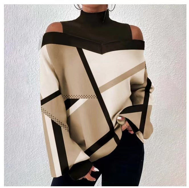 High Collar Open Shoulder Geometric Print Loose T Shirt