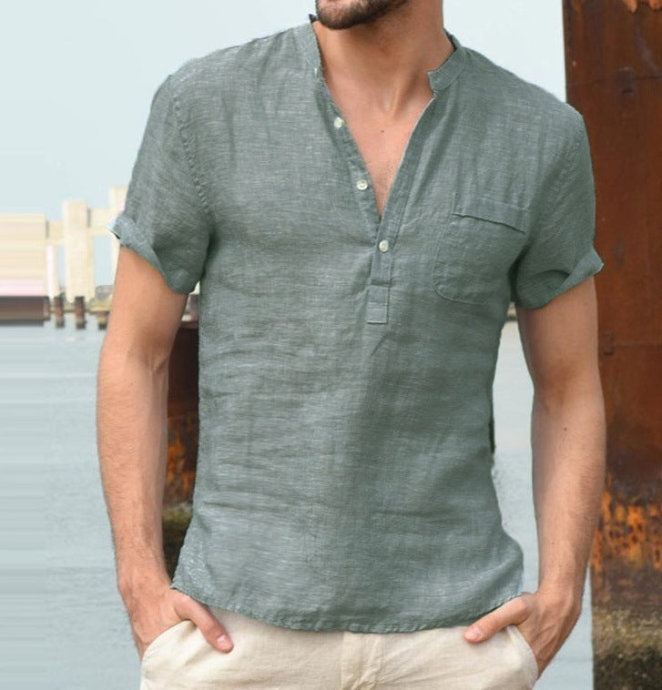 Minimalist Cotton Linen Stand Collar Buckle Short Sleeve Shirt