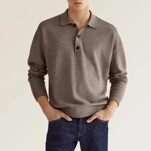 Men's Casual Long Sleeve V Neck Button Polo Shirt