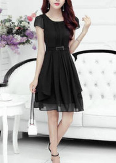 Woman Short Sleeve Waist Tie Skater Dress