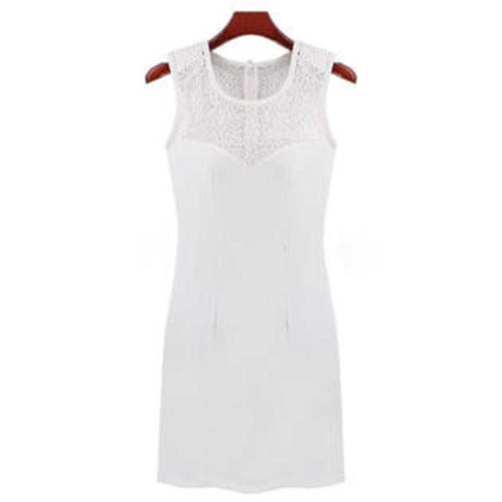 Women Round Neck Lace Back Zipper Dress White