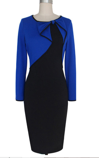 Women Slim Bodycon Long Sleeve Dress with Bow Accent Black and Blue