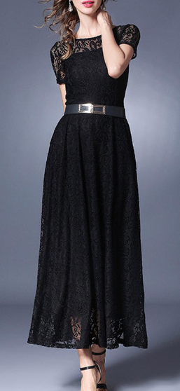 Women Long Belted Lace Party Dress