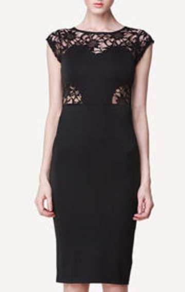 Women Cup Sleeve Bodycon Lace Dress Black