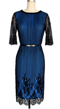 Women Striped Flower Lace Short Sleeve Sheath Dress