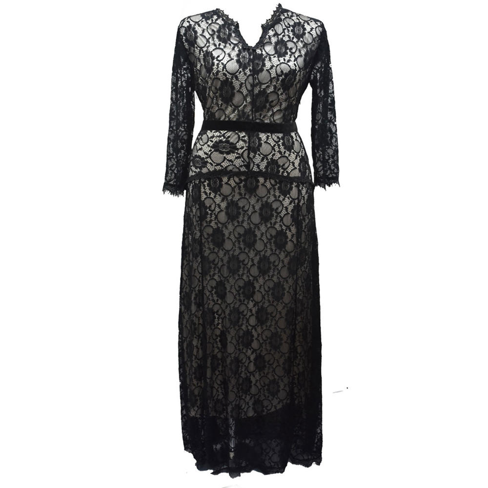 Women Plus Size V Neck Lace Long Dress Black