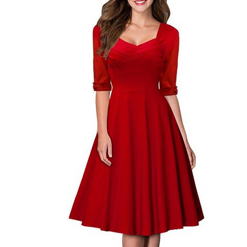 Vintage Style Women Mid Sleeve V Neck Stretch Cotton Dress