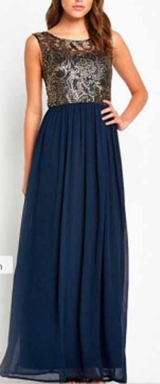 Golden Lace Round Neck Pleated Maxi Dress