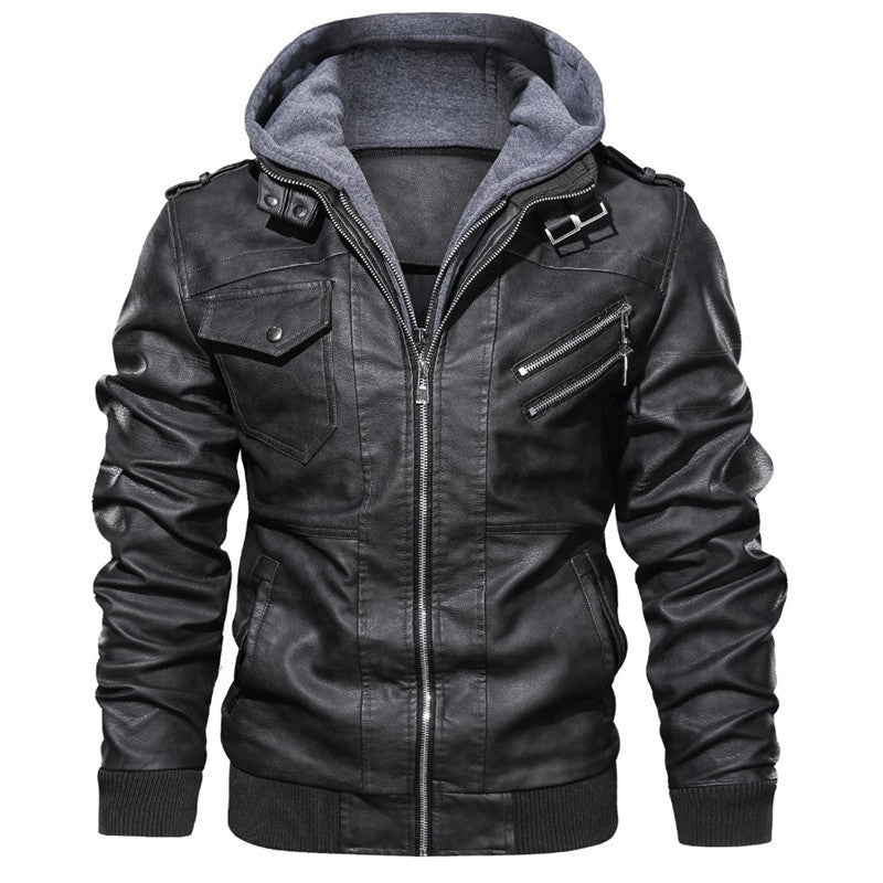 Men’s Double Zipper Hooded Faux Two Piece Leather Jacket