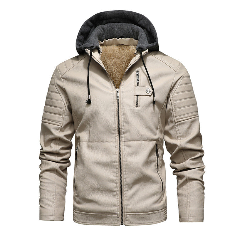 Men’s Slim Fit Hooded Leather Jacket with Stand Collar